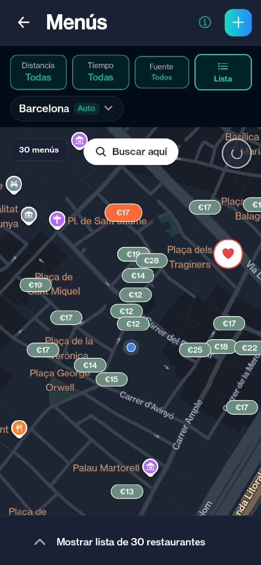 Vista de restaurante en la app