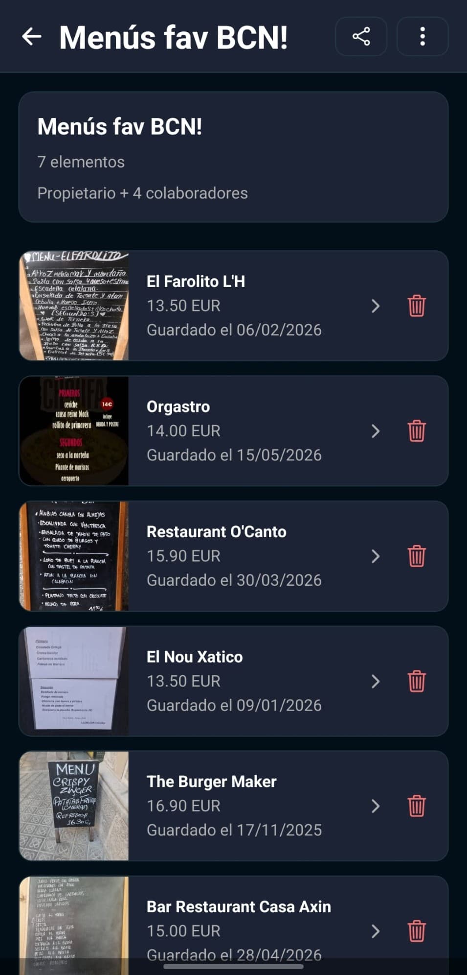 Listas compartidas de menú del día en MenúHunter