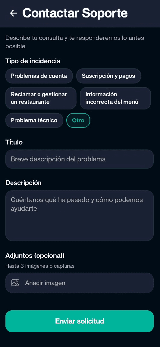 Pantalla de contacto con soporte en la app MenúHunter